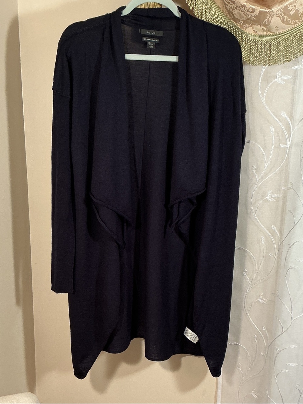 Tahari 100% Extra Fine Merino Wool Open-Front Draped Cardigan Dark Navy Sz XL